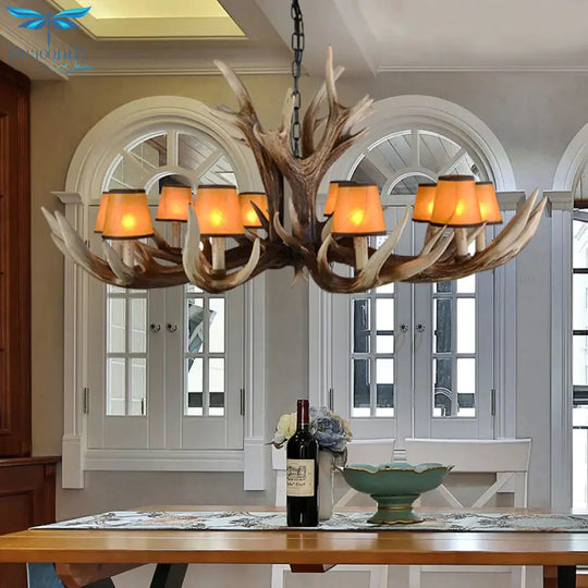 Resin Conical Chandelier Lamp Rustic 6/8/10 - Head Bedroom Pendant Ceiling Light With Antler In