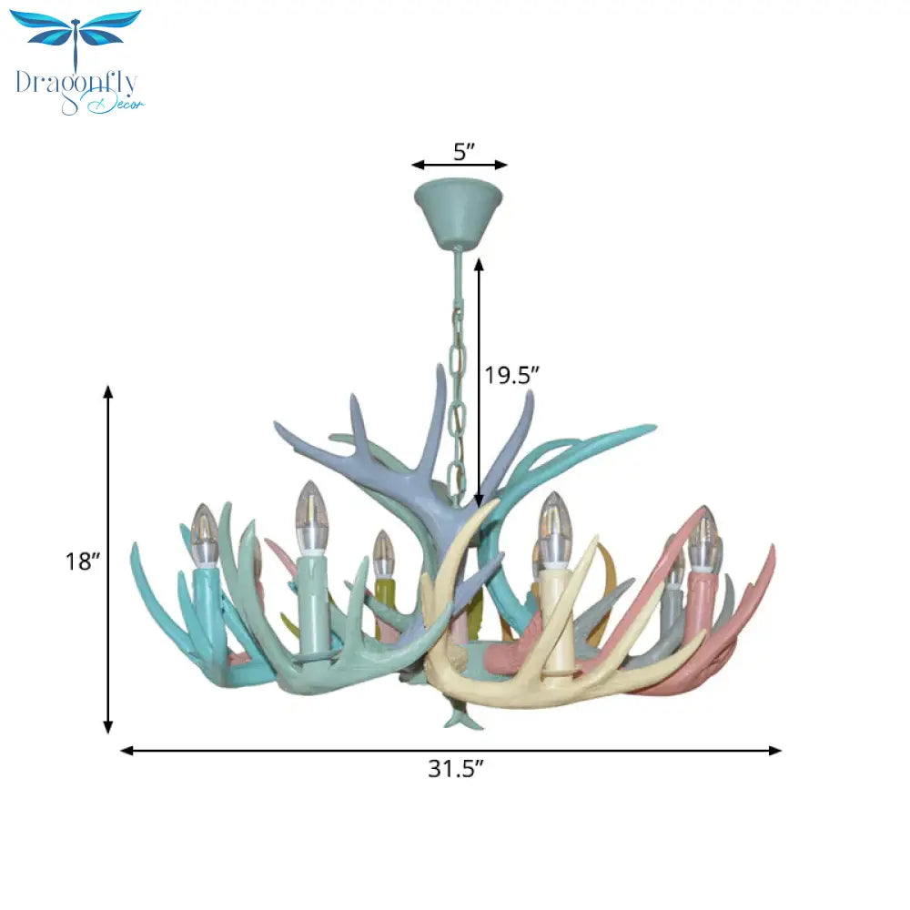 Resin Deer Antler Hanging Chandelier Rustic 4/6/8 Bulbs Bedroom Ceiling Pendant Light In Red -