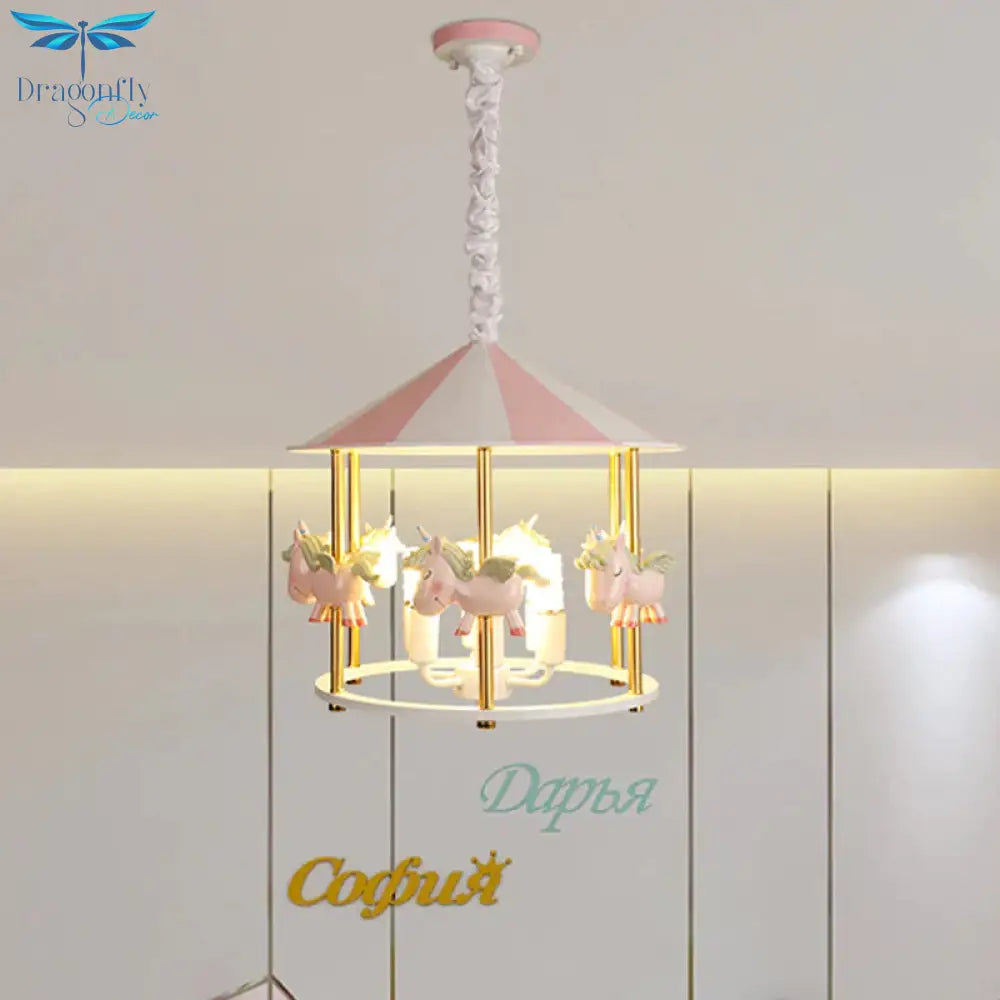 Resin Unicorn Carousel Hanging Lamp Kids 5 - Light Pink/Blue Pendant Chandelier For Child Room
