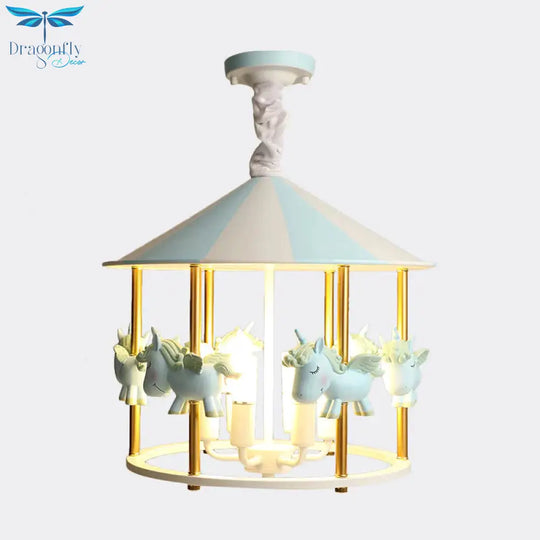 Resin Unicorn Carousel Hanging Lamp Kids 5 - Light Pink/Blue Pendant Chandelier For Child Room