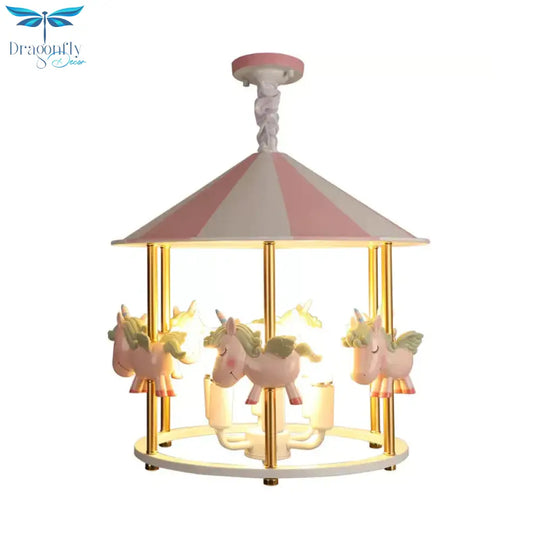 Resin Unicorn Carousel Hanging Lamp Kids 5 - Light Pink/Blue Pendant Chandelier For Child Room