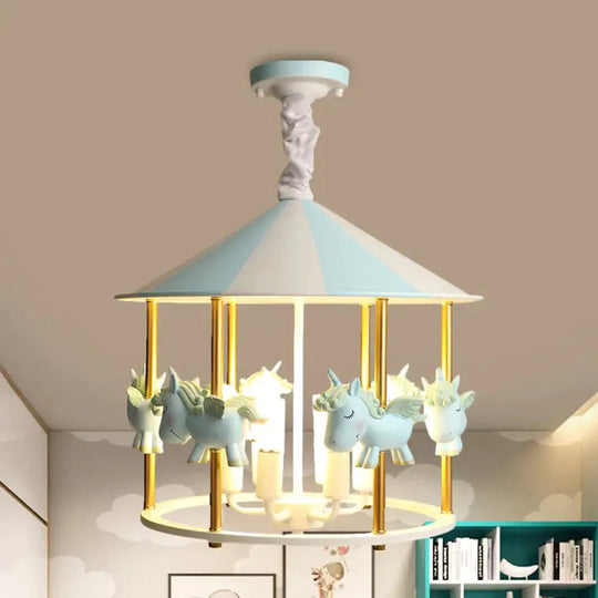Resin Unicorn Carousel Hanging Lamp Kids 5 - Light Pink/Blue Pendant Chandelier For Child Room Blue