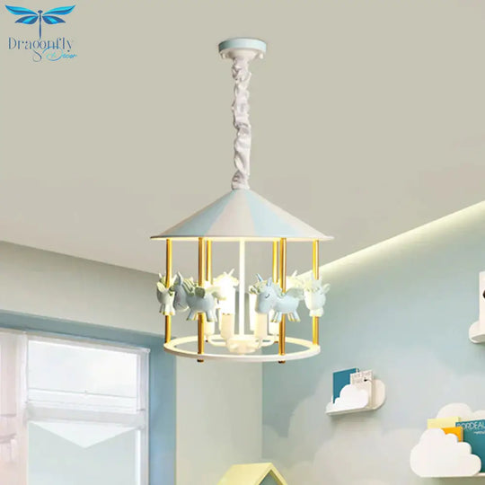 Resin Unicorn Carousel Hanging Lamp Kids 5 - Light Pink/Blue Pendant Chandelier For Child Room