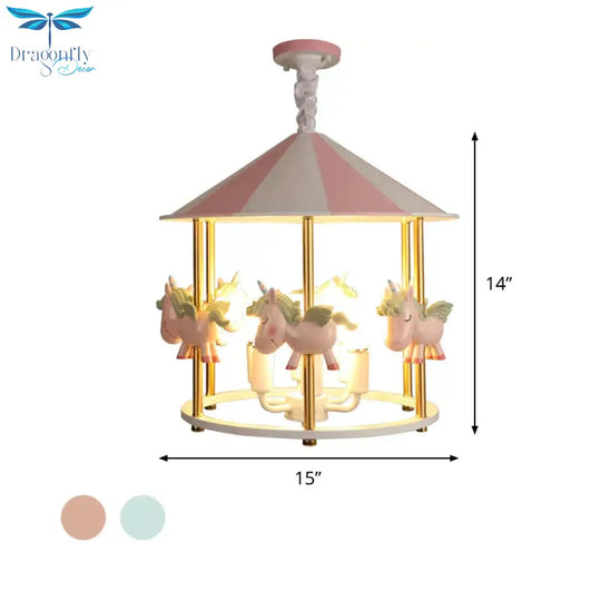 Resin Unicorn Carousel Hanging Lamp Kids 5 - Light Pink/Blue Pendant Chandelier For Child Room