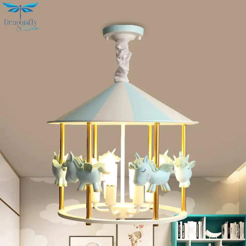 Resin Unicorn Carousel Hanging Lamp Kids 5 - Light Pink/Blue Pendant Chandelier For Child Room