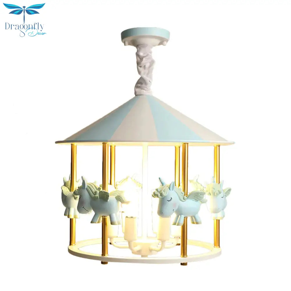 Resin Unicorn Carousel Hanging Lamp Kids 5 - Light Pink/Blue Pendant Chandelier For Child Room