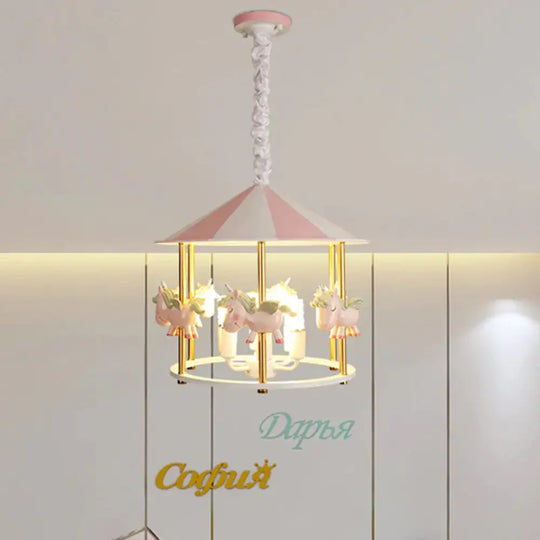 Resin Unicorn Carousel Hanging Lamp Kids 5 - Light Pink/Blue Pendant Chandelier For Child Room Pink