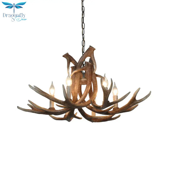 Resin White/Brown And Yellow Chandelier Lighting Antler 6 Lights Traditional Pendant Lamp For