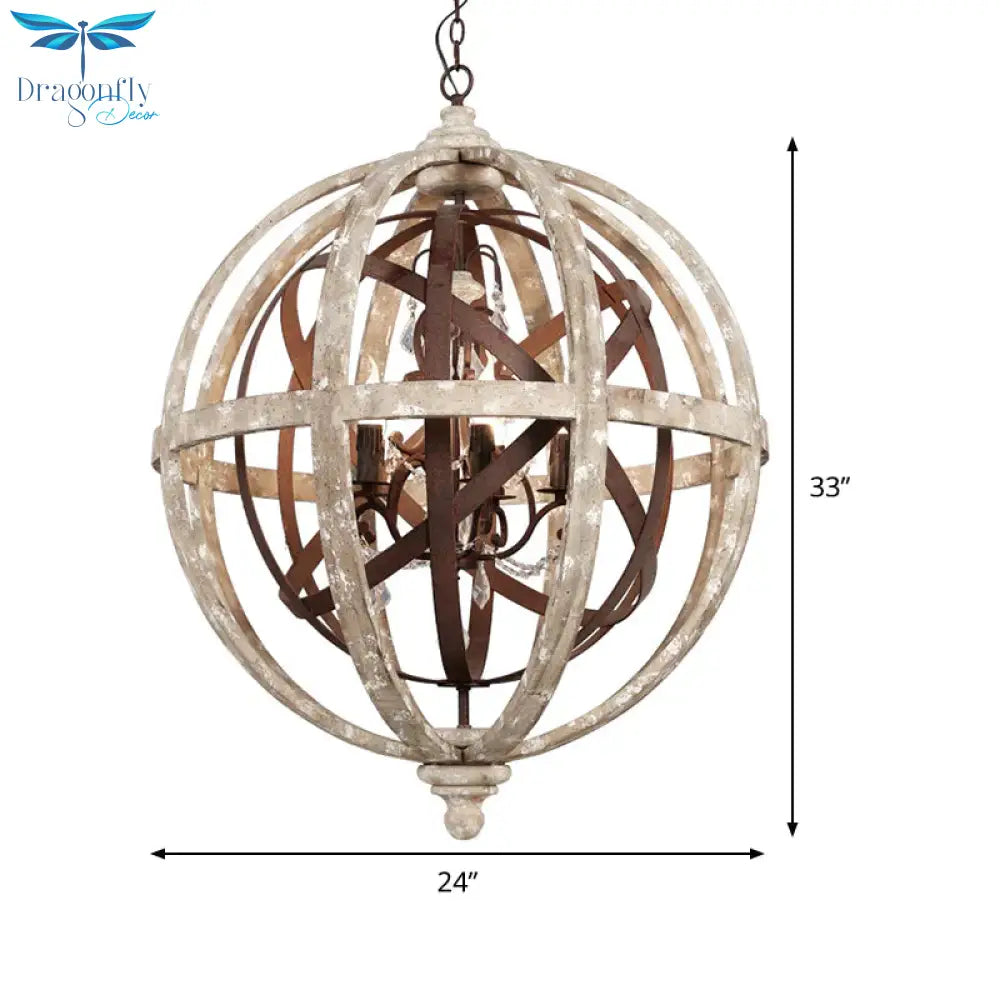 Retro 5 Heads Chandelier Lamp Rust Laser - Cut Ceiling Pendant Light With Wood Shade For Living Room