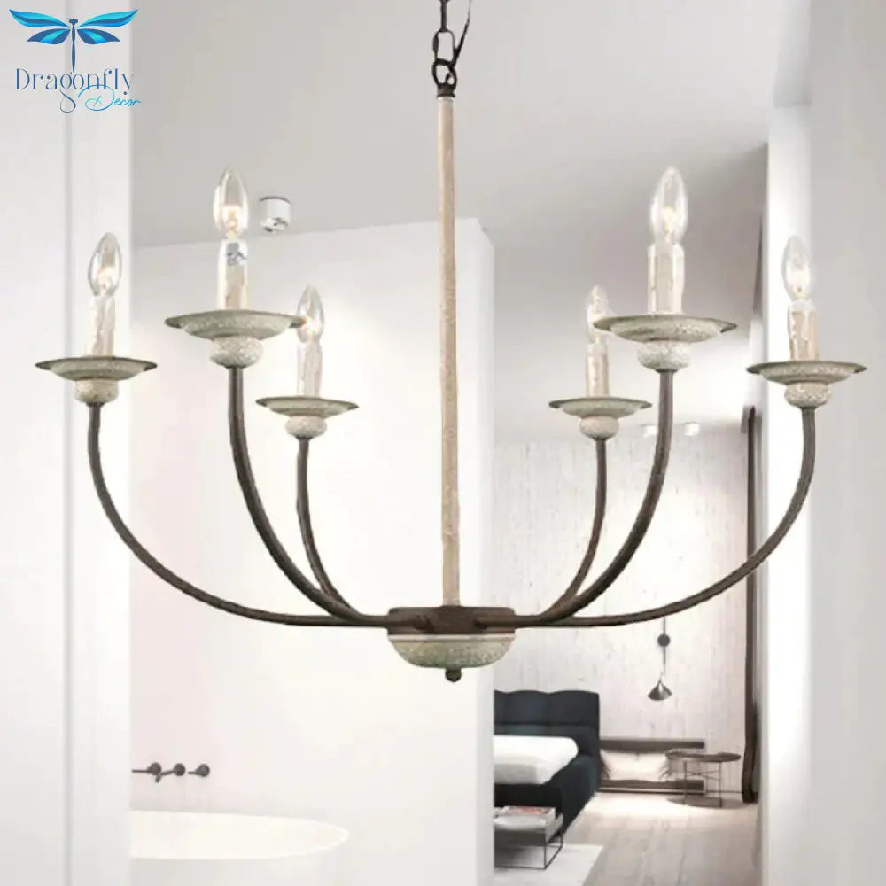 Retro 6 Heads Chandelier Lamp Rust Branch Ceiling Pendant Light With Metal Shade For Living Room