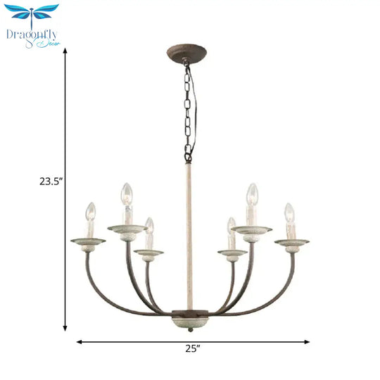 Retro 6 Heads Chandelier Lamp Rust Branch Ceiling Pendant Light With Metal Shade For Living Room