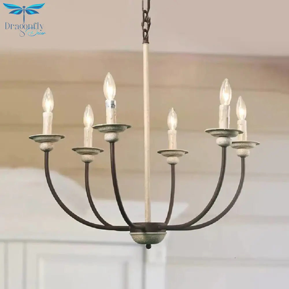 Retro 6 Heads Chandelier Lamp Rust Branch Ceiling Pendant Light With Metal Shade For Living Room