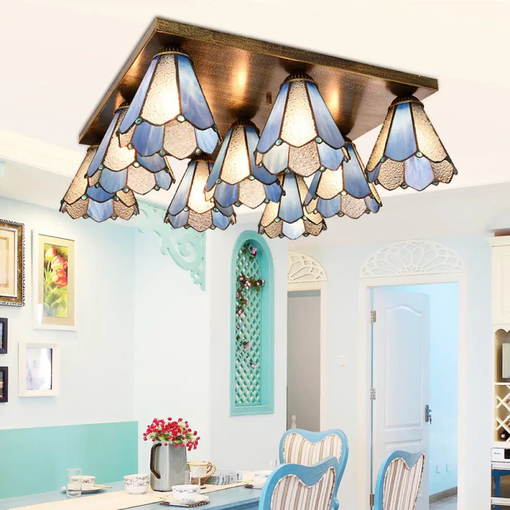 Retro 9 - Head Stained Glass Flush Mount Ceiling Light - Tiffany - Style Blue