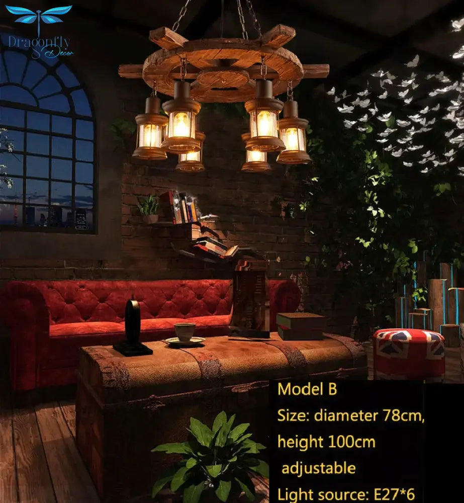 Retro Bar Industrial Wind Chandelier Loft Solid Wood Personality Restaurant Coffee Shop Pendant