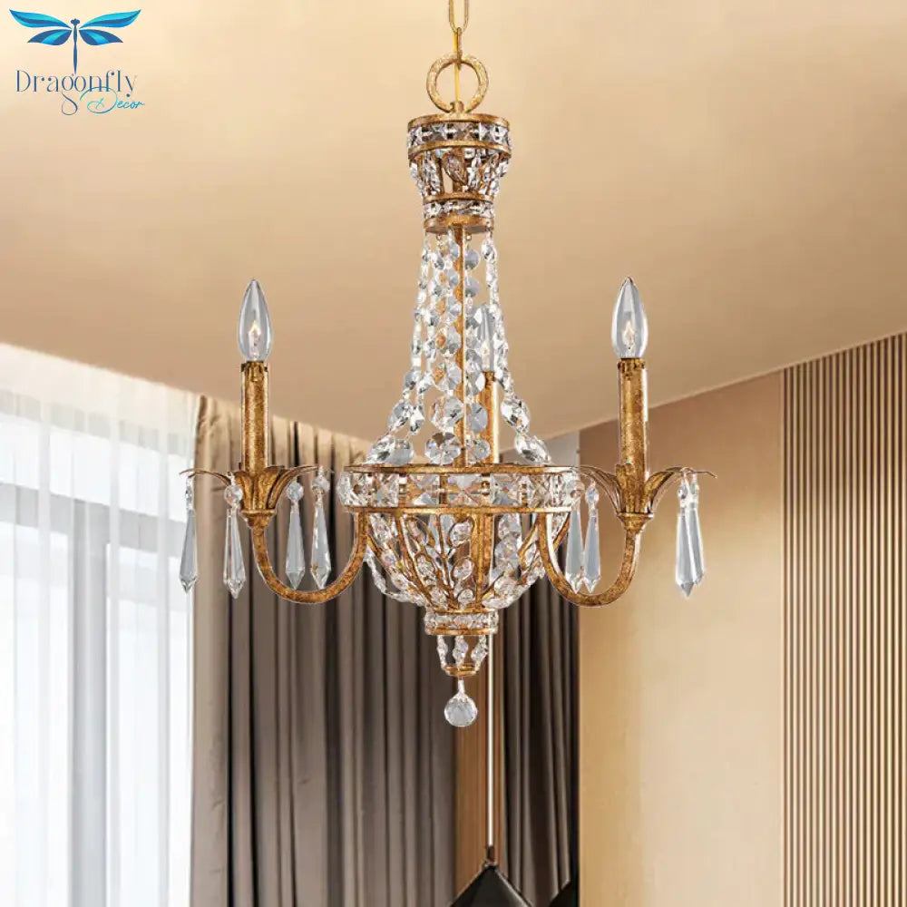 Retro Candelabra Chandelier Pendant Light 3 - Head Metal Hanging Lamp Kit With Crystal Accent In