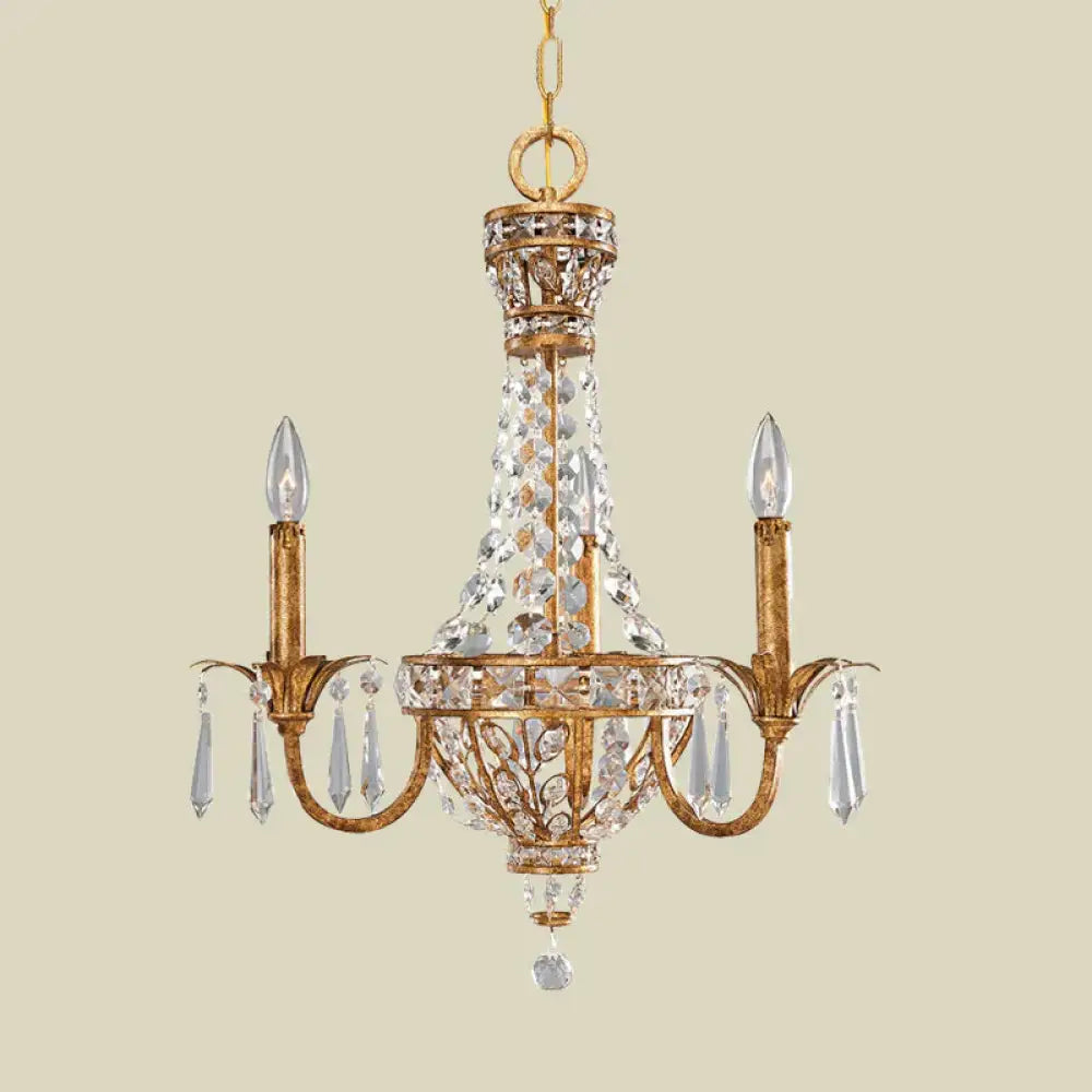 Retro Candelabra Chandelier Pendant Light 3 - Head Metal Hanging Lamp Kit With Crystal Accent In