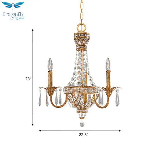Retro Candelabra Chandelier Pendant Light 3 - Head Metal Hanging Lamp Kit With Crystal Accent In