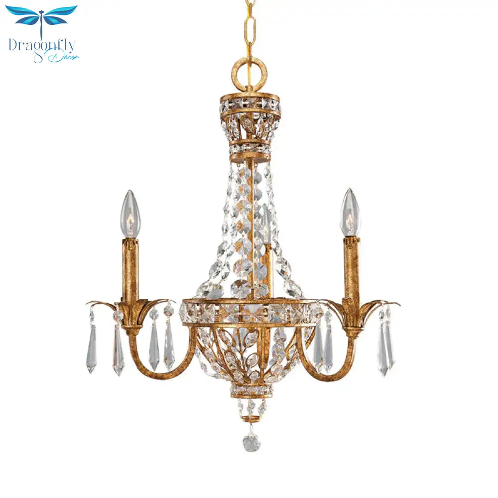 Retro Candelabra Chandelier Pendant Light 3 - Head Metal Hanging Lamp Kit With Crystal Accent In