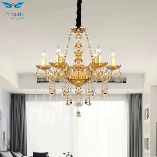 Retro Candle/Bell Chandelier Light 6 Bulbs Amber Beveled Crystal Pendant Lamp In Gold With/Without