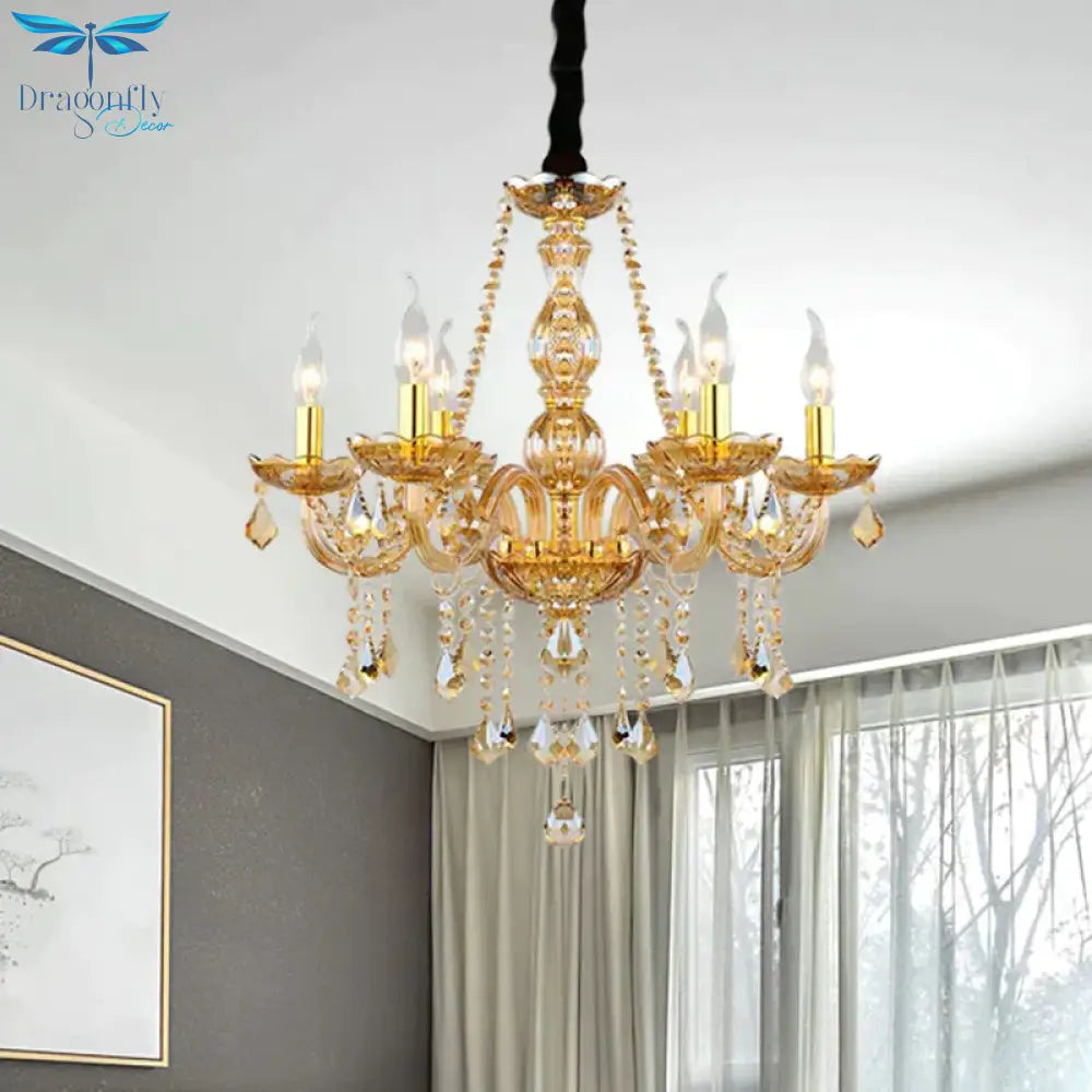 Retro Candle/Bell Chandelier Light 6 Bulbs Amber Beveled Crystal Pendant Lamp In Gold With/Without