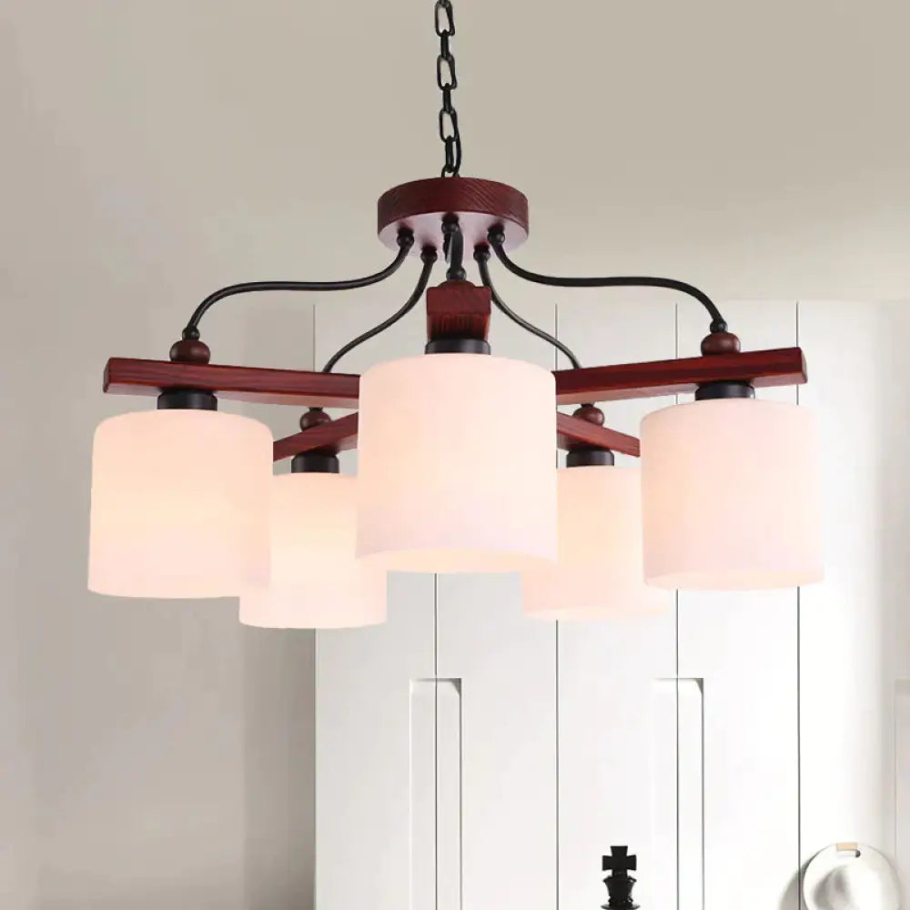 Retro Cylindrical Hanging Chandelier 5 Lights Cream Glass Drop Pendant In Brown With Wooden Arm