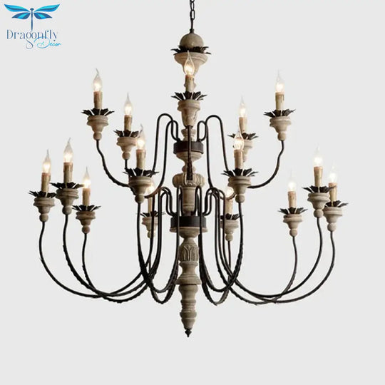 Retro Distressed Wood Living Room Chandelier Light With Swooping Arm In White