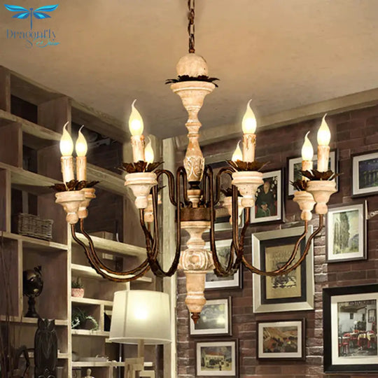 Retro Distressed Wood Living Room Chandelier Light With Swooping Arm In White