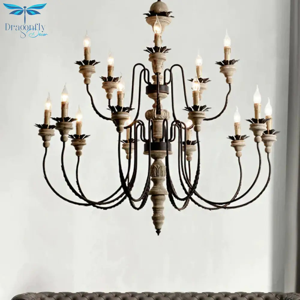 Retro Distressed Wood Living Room Chandelier Light With Swooping Arm In White