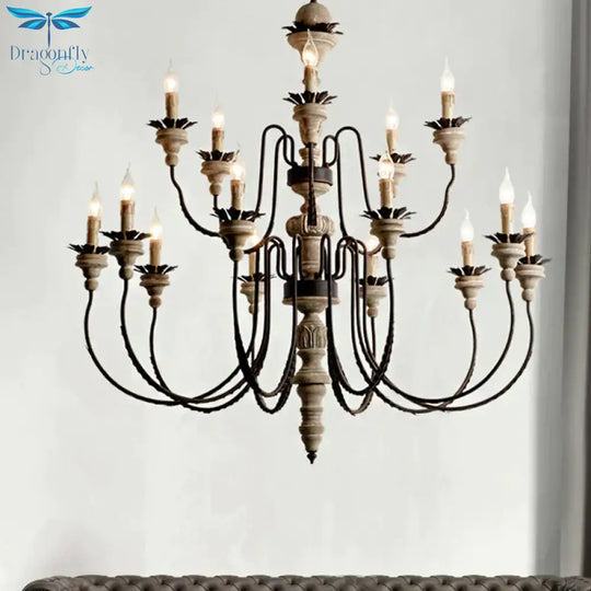 Retro Distressed Wood Living Room Chandelier Light With Swooping Arm In White