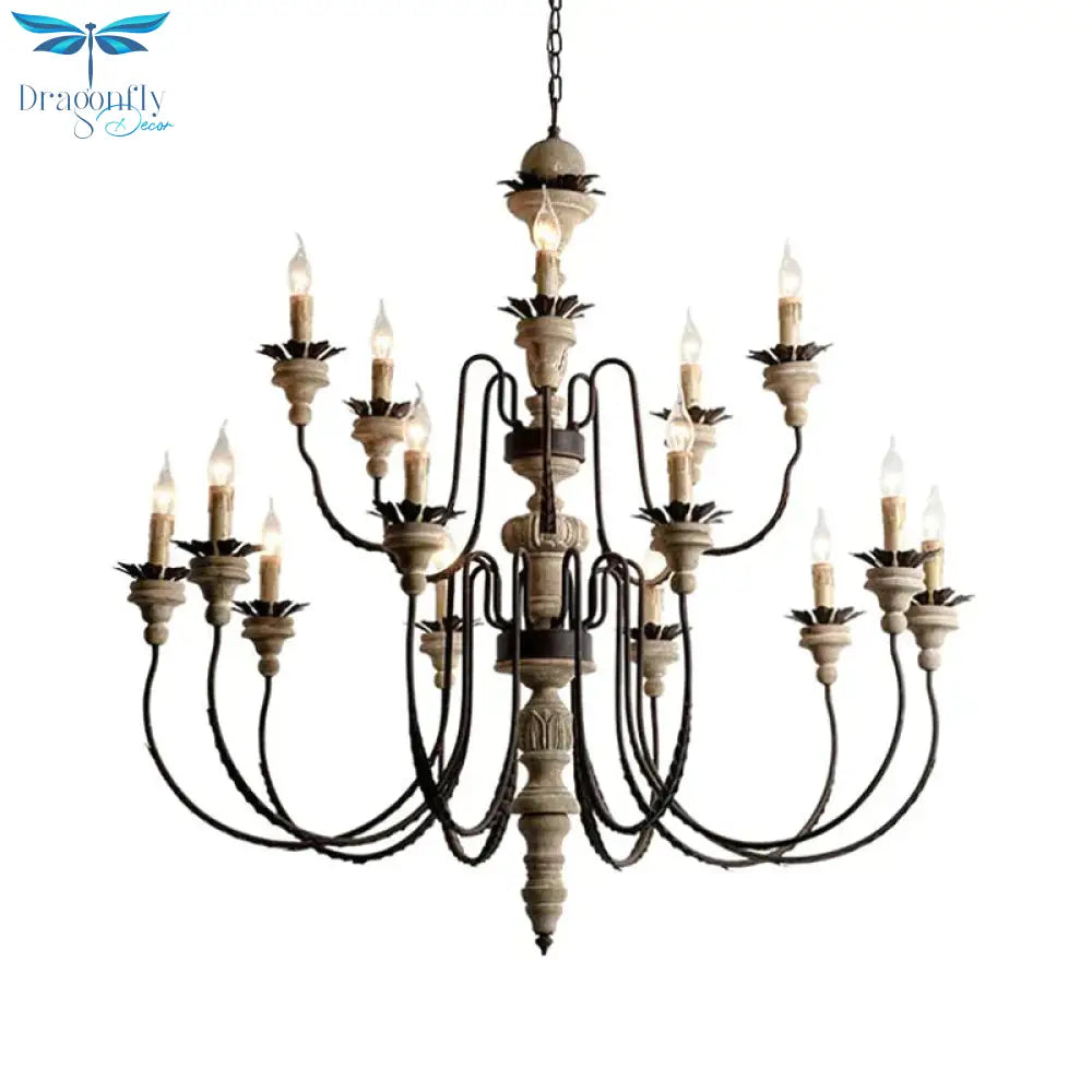 Retro Distressed Wood Living Room Chandelier Light With Swooping Arm In White