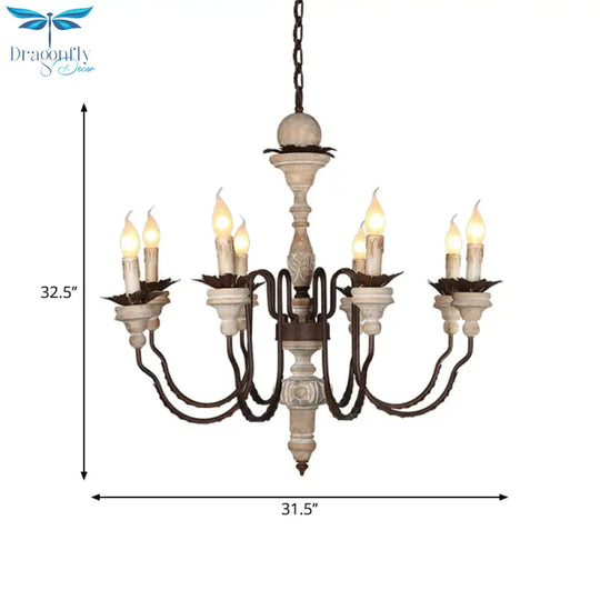 Retro Distressed Wood Living Room Chandelier Light With Swooping Arm In White