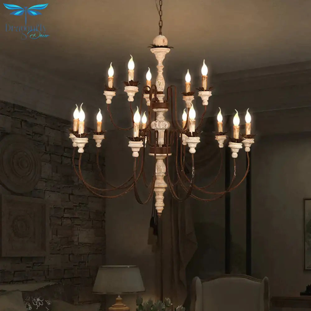 Retro Distressed Wood Living Room Chandelier Light With Swooping Arm In White