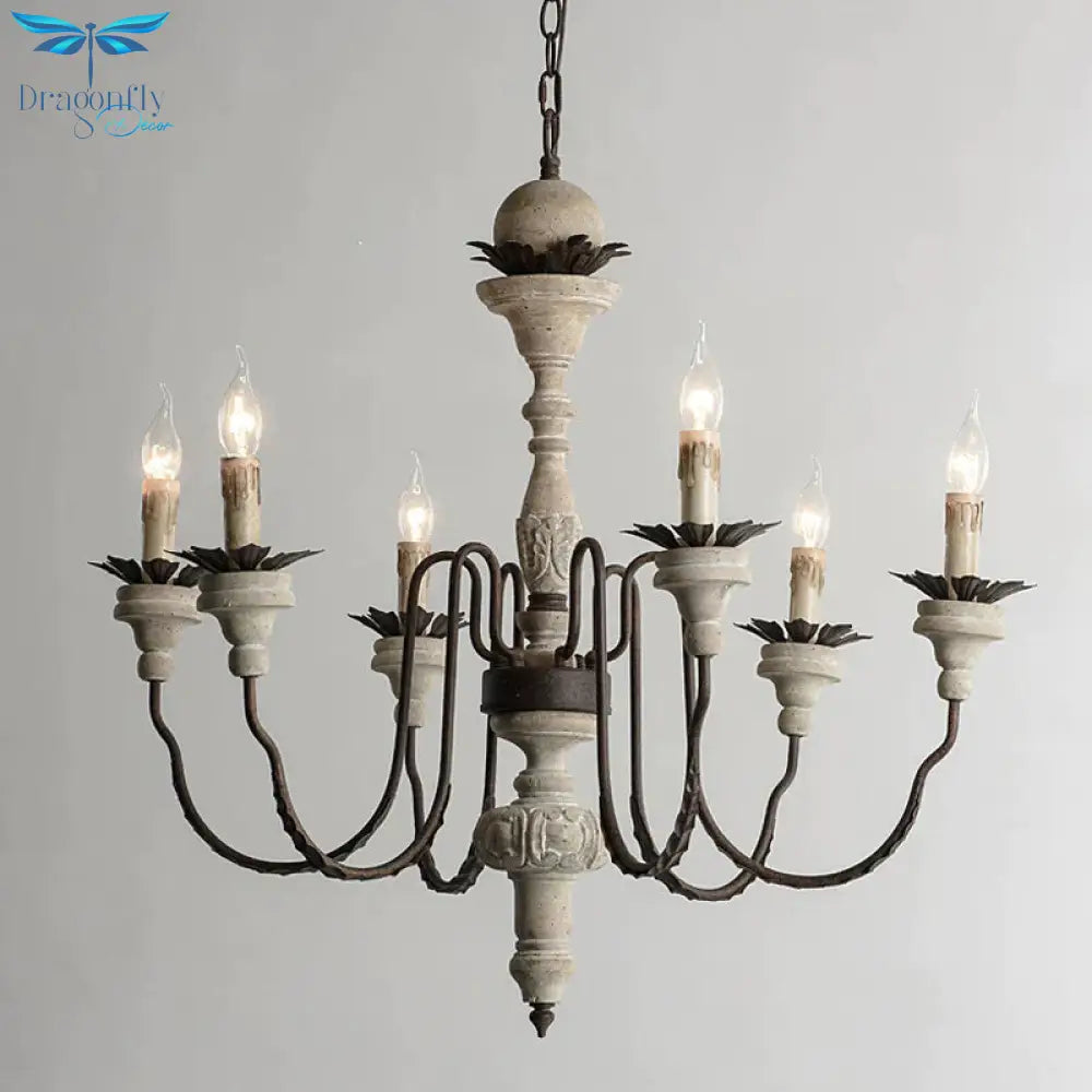 Retro Distressed Wood Living Room Chandelier Light With Swooping Arm In White