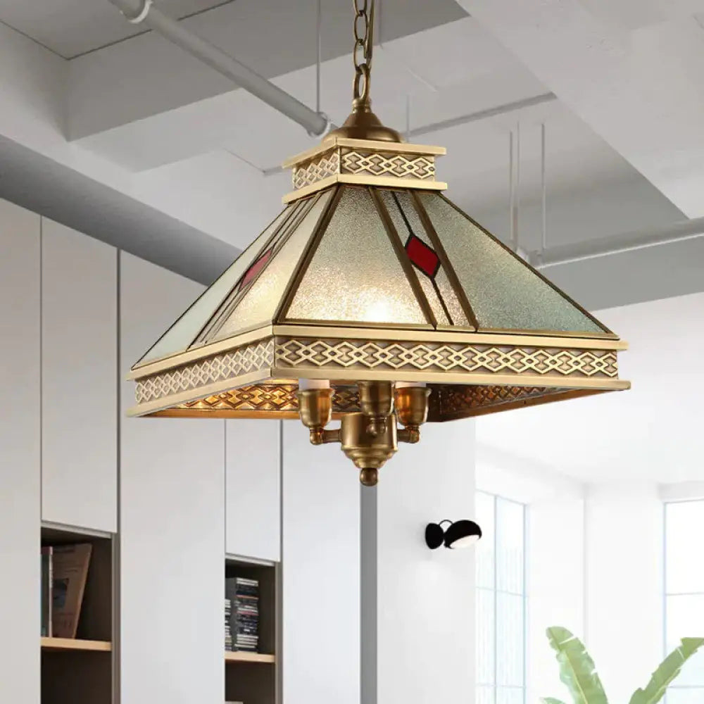 Retro Frosted Glass Pyramid Shaped Bedroom Ceiling Chandelier 3 Lights Gold Hanging Light
