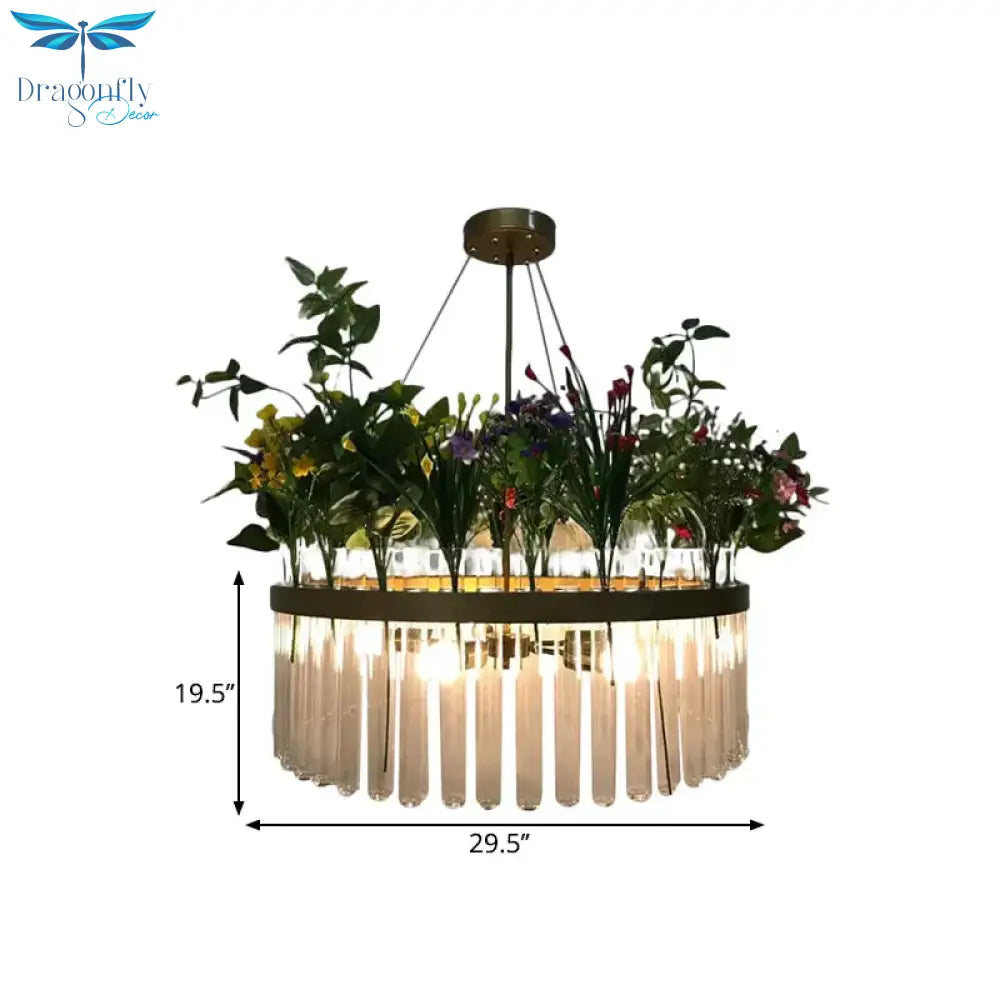 Retro Round Chandelier Lamp 6 - Head Clear Glass Hanging Ceiling Light In Black With Pvc Plant Deco