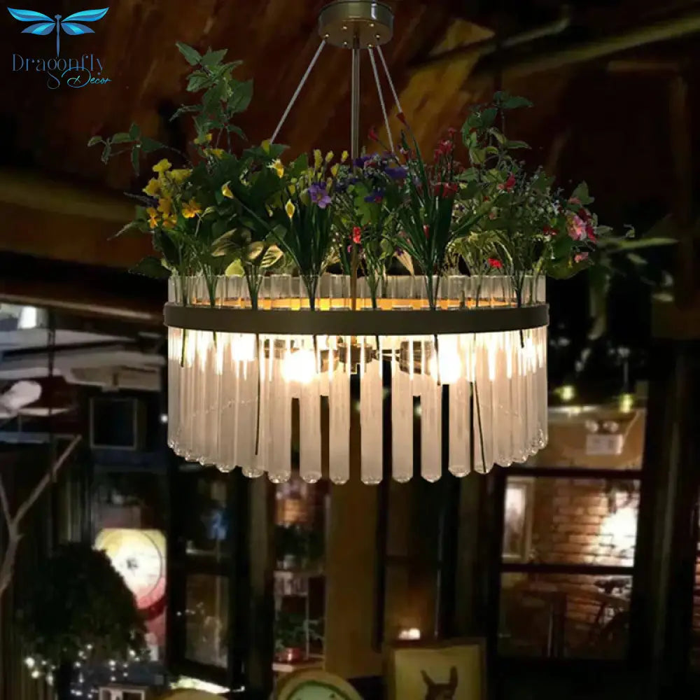 Retro Round Chandelier Lamp 6 - Head Clear Glass Hanging Ceiling Light In Black With Pvc Plant Deco