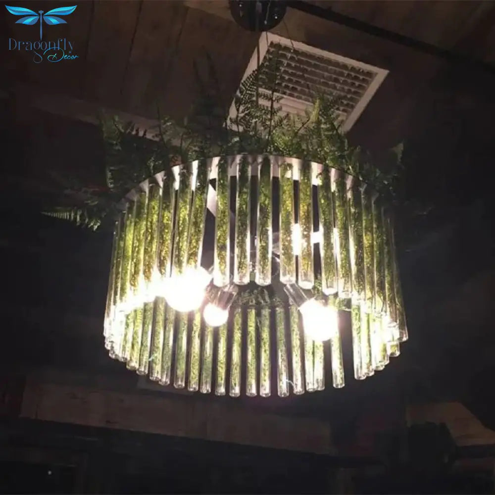 Retro Round Chandelier Lamp 6 - Head Clear Glass Hanging Ceiling Light In Black With Pvc Plant Deco