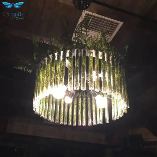 Retro Round Chandelier Lamp 6 - Head Clear Glass Hanging Ceiling Light In Black With Pvc Plant Deco