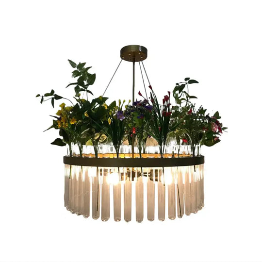 Retro Round Chandelier Lamp 6 - Head Clear Glass Hanging Ceiling Light In Black With Pvc Plant Deco