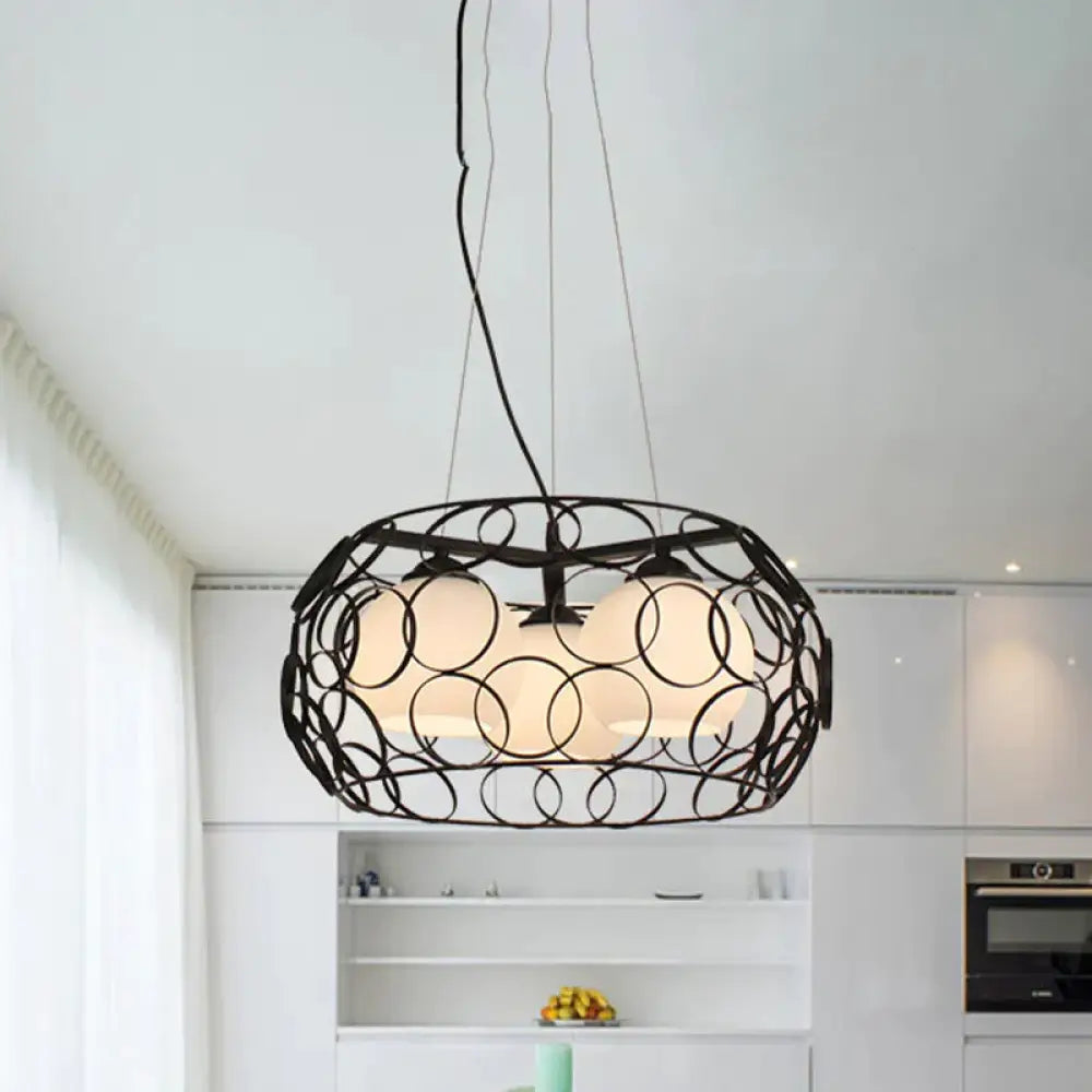 Retro Spherical Hanging Chandelier 3 Bulbs Milky Glass Down Lighting Pendant In Black With Round