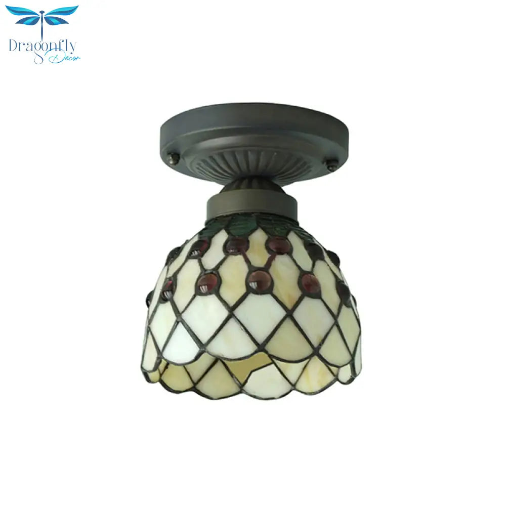 Retro - Style Cup Shade Semi Flush Mount Ceiling Light - Purple/Beige Glass Fixture With Jewel