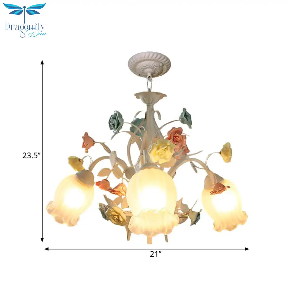 Ribbed Glass White Chandelier Semi - Open Flower 3/6 Bulbs Korean Garden Hanging Ceiling Light