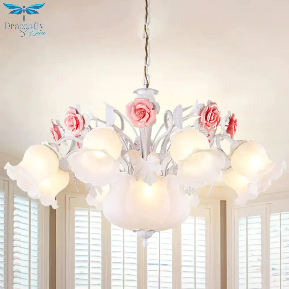 Romantic Pastoral Blossom Hanging Light 10 Lights White Glass Chandelier Lamp For Living Room