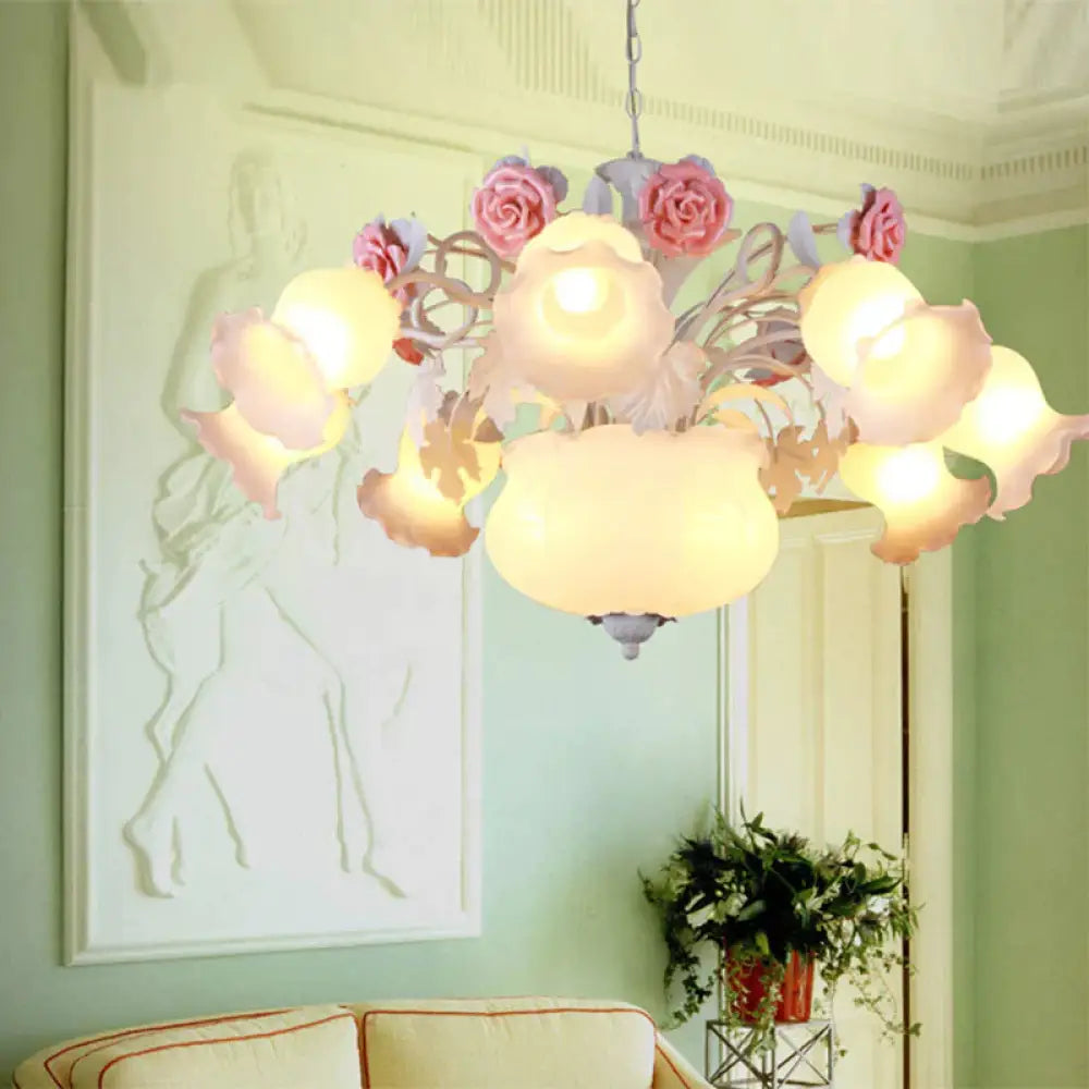 Romantic Pastoral Blossom Hanging Light 10 Lights White Glass Chandelier Lamp For Living Room