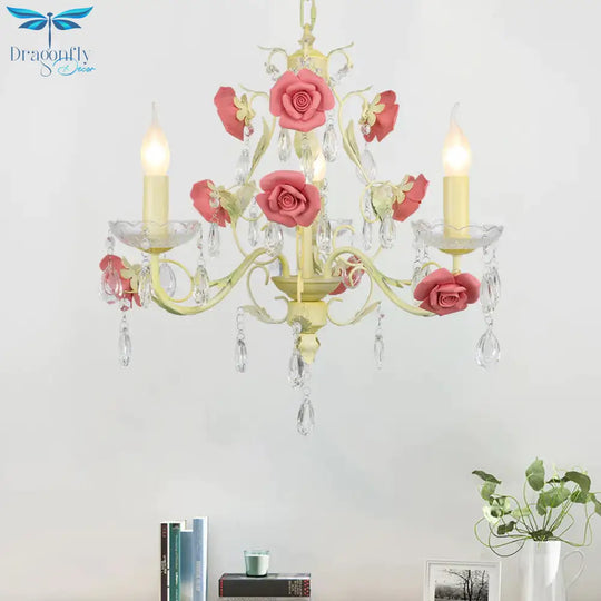 Romantic Pastoral Rose Swirl Vine Pendant 3 Heads Iron Chandelier Light In Beige With K9 Crystal