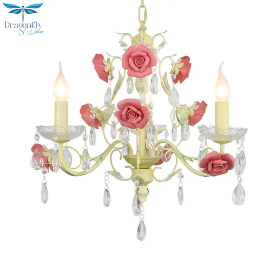 Romantic Pastoral Rose Swirl Vine Pendant 3 Heads Iron Chandelier Light In Beige With K9 Crystal