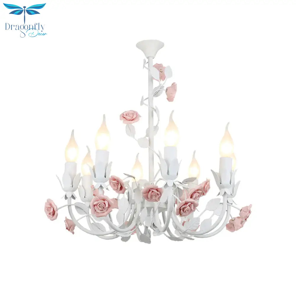 Rose Detailing Candelabra Metal Chandelier Korean Flower 8 - Light Living Room Pendant Light In Pink