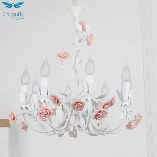 Rose Detailing Candelabra Metal Chandelier Korean Flower 8 - Light Living Room Pendant Light In Pink