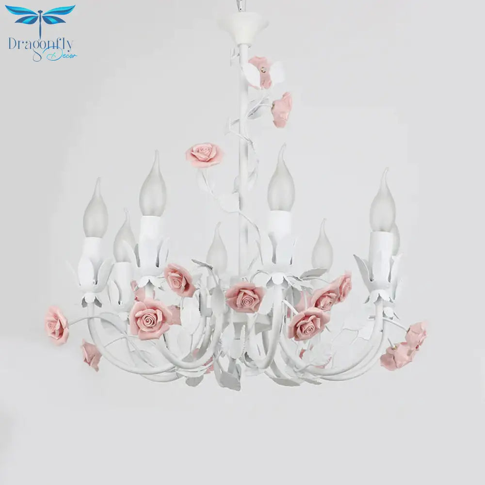 Rose Detailing Candelabra Metal Chandelier Korean Flower 8 - Light Living Room Pendant Light In Pink