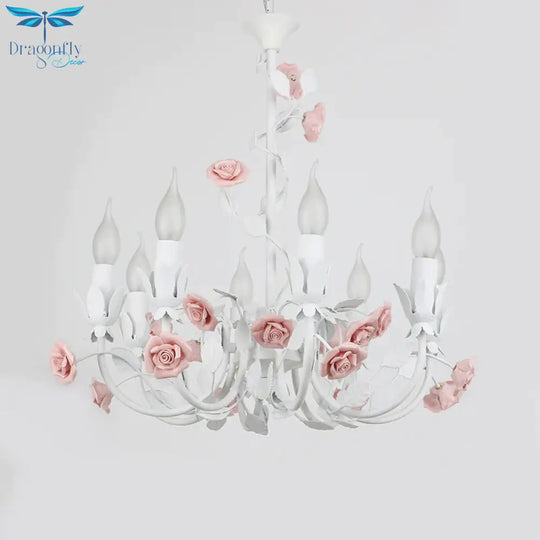 Rose Detailing Candelabra Metal Chandelier Korean Flower 8 - Light Living Room Pendant Light In Pink